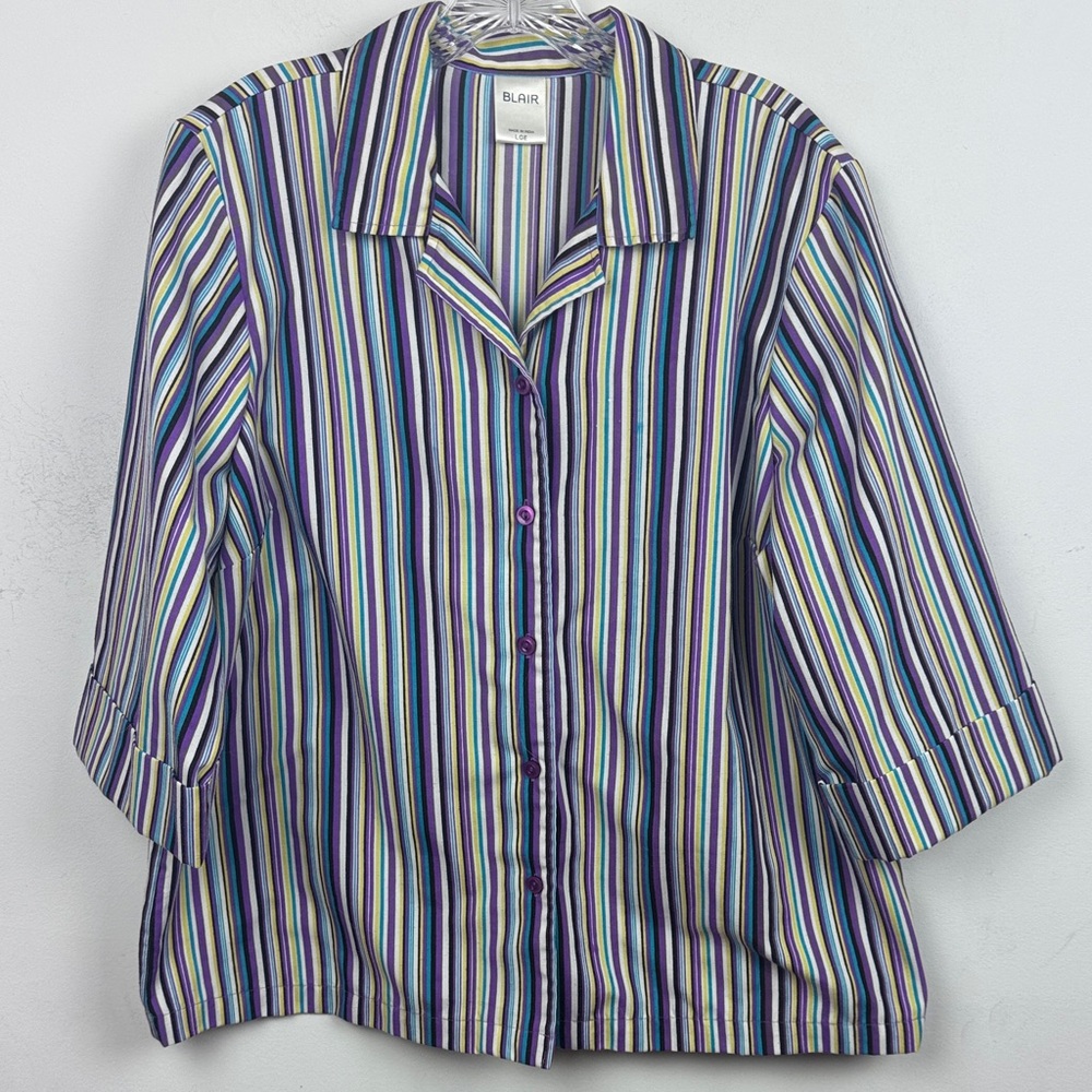 Blair Women's Striped Button Down Shirt - Blue, Purple, Yellow